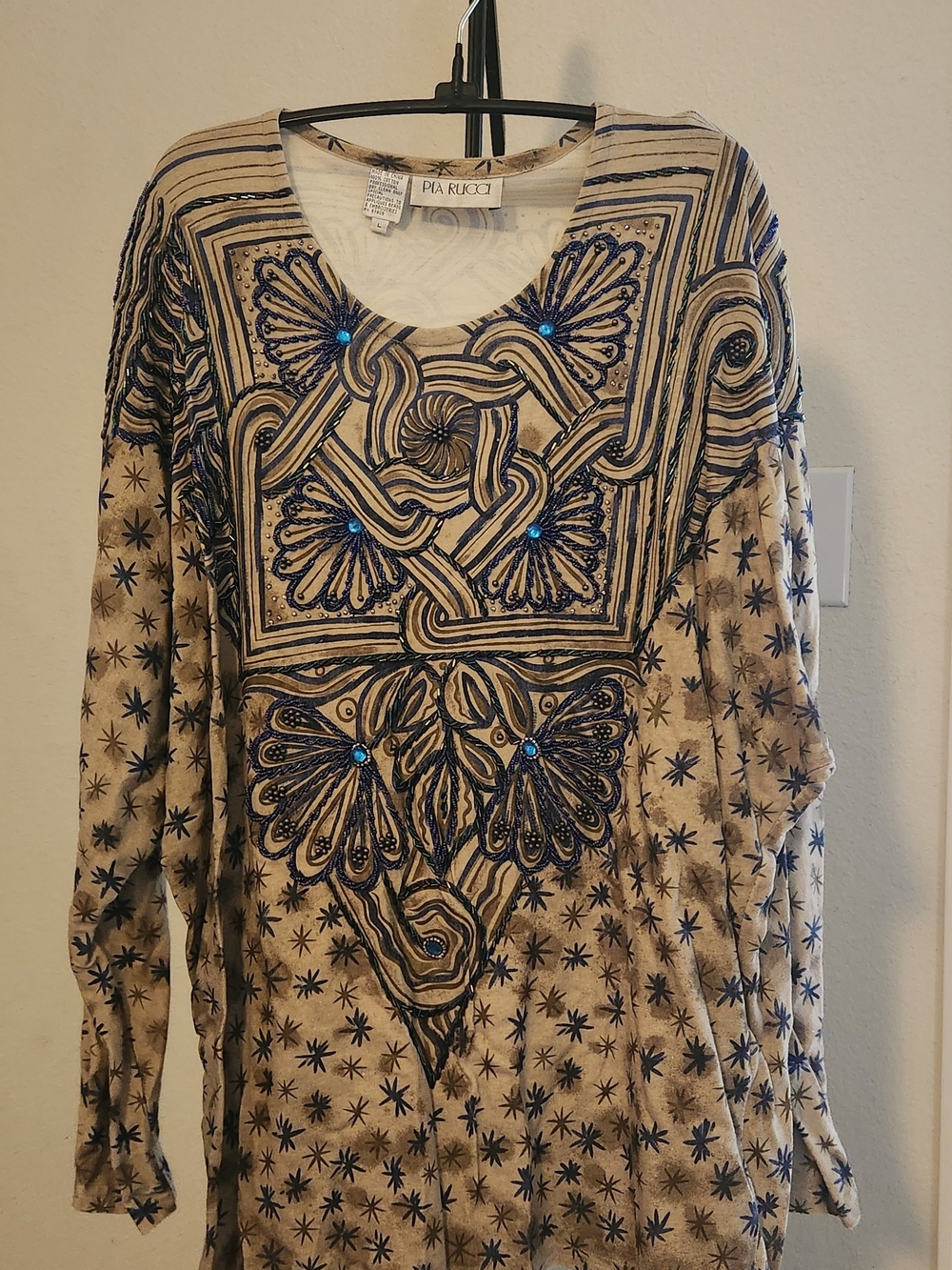 Beige Tunic Top with Navy Embroidered Detail by Pia Riucci